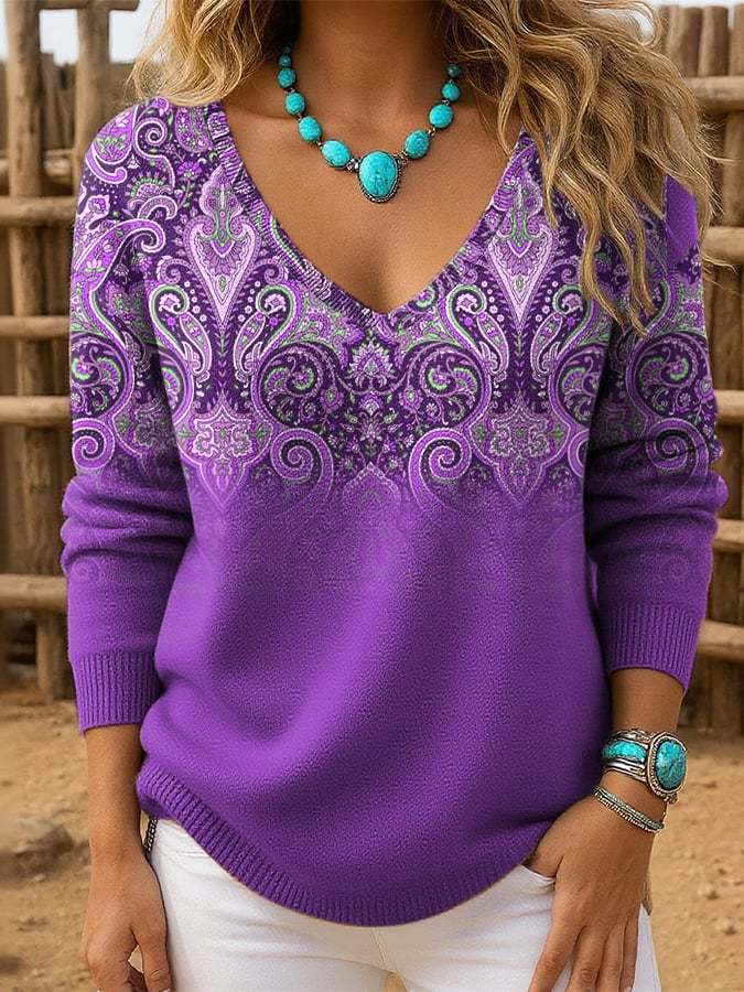 Women's Retro Western Print Drop Shoulder Sweater