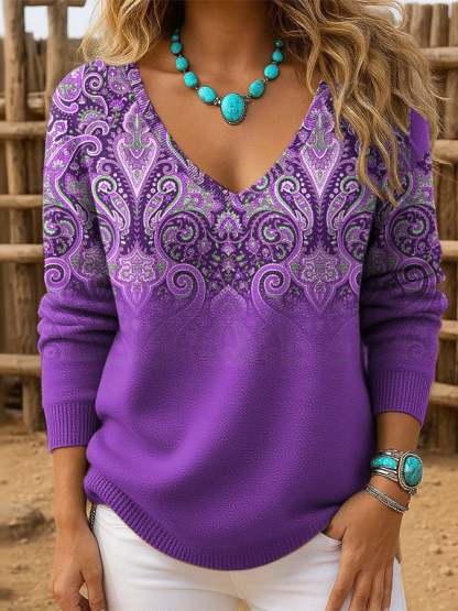 Women's Retro Western Print Drop Shoulder Sweater