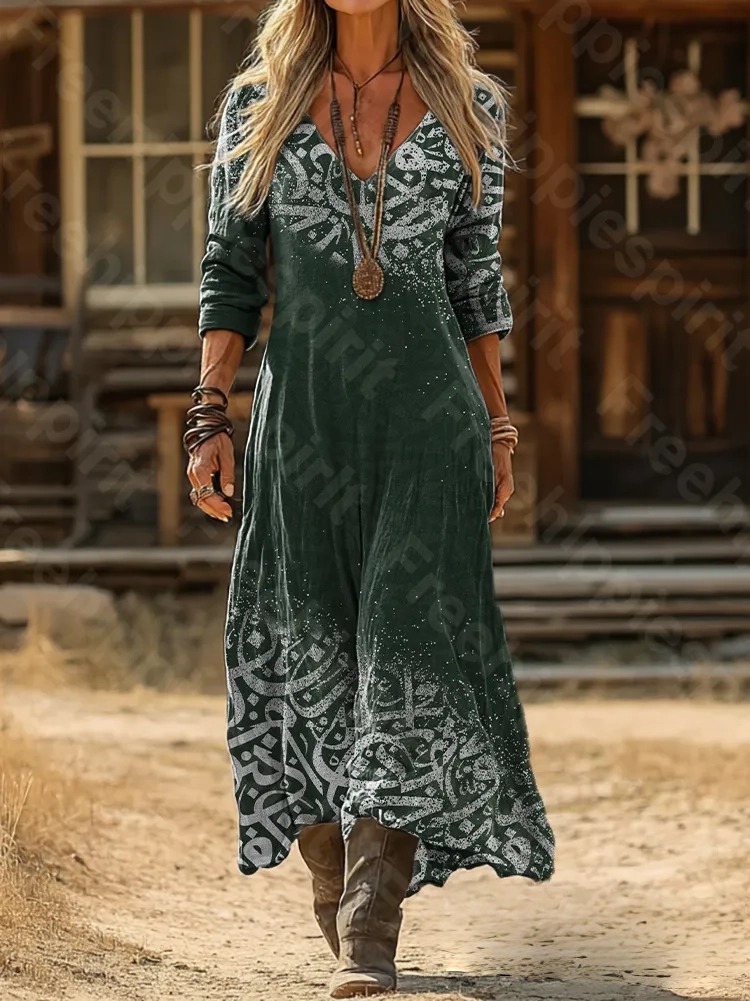 Women's Vintage Ethnic Green Gradient Art Print Elegant Pocket Cotton Long-Sleeve Dress