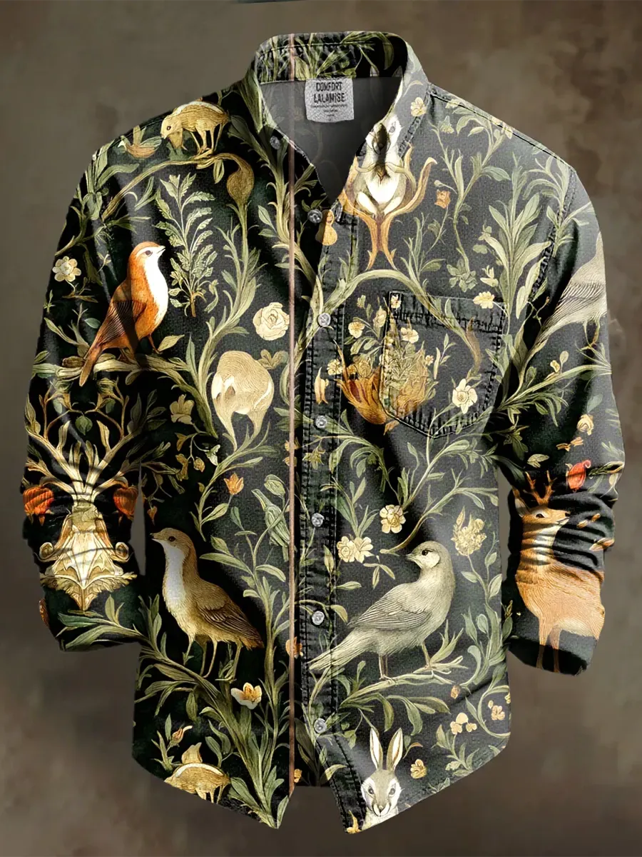 Retro Leisure Multicolor Flowers Art Print 100% Cotton Long Sleeve Shi