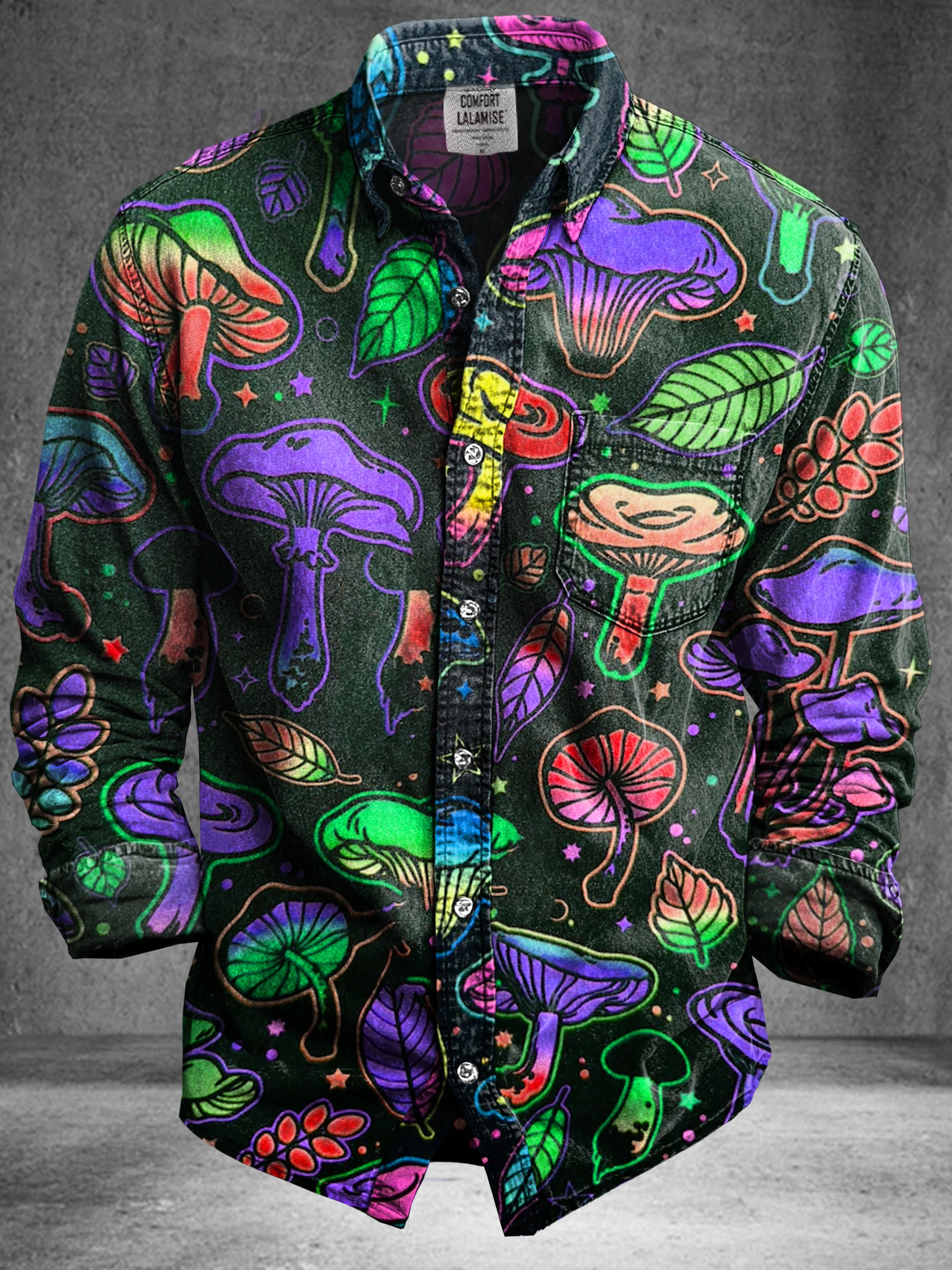 Vintage Abstract Fantasy Mushroom Art Print 100% Cotton Long Sleeve Shirt