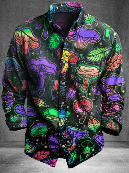 Vintage Abstract Fantasy Mushroom Art Print Cotton Long Sleeve Shirt