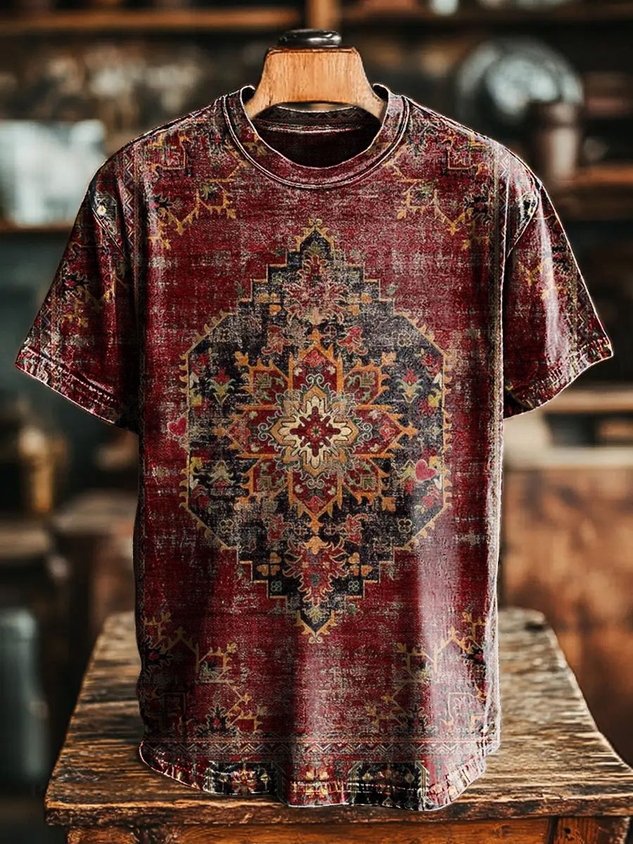 Vintage Red Geometric Floral Pattern Art Print Casual T-shirt For Men 