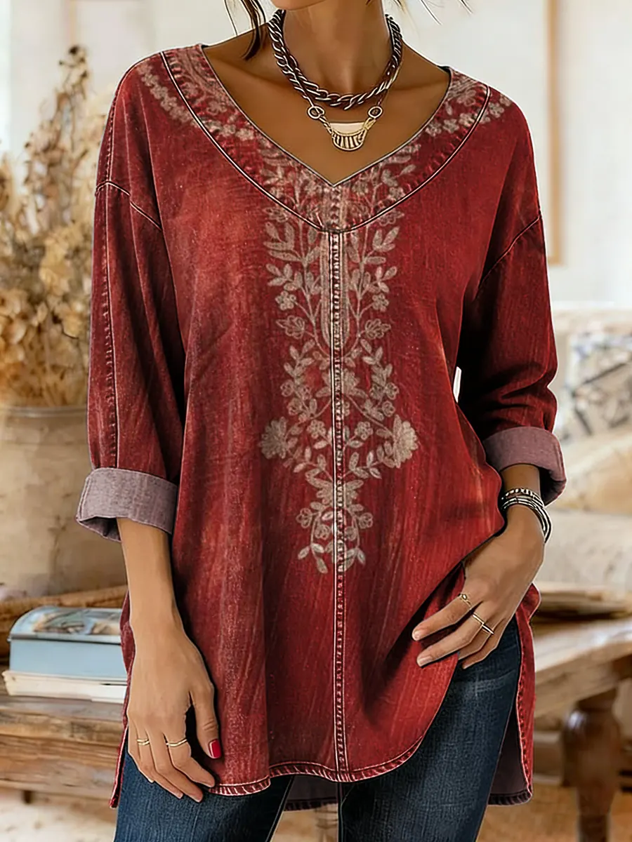 Ethnicity Flowers Totem Women's Art Print Casual Washed Denim Cotton Top