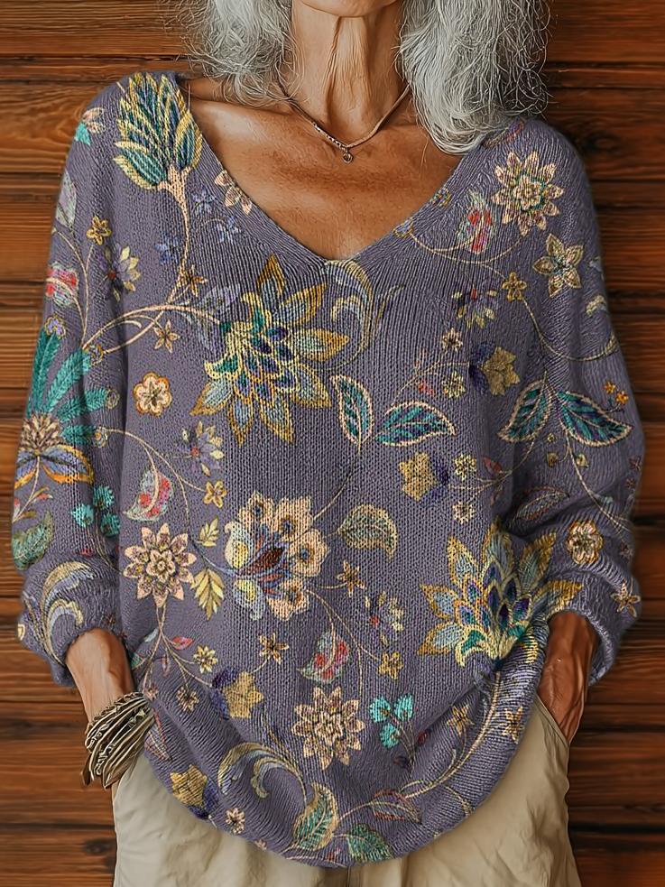 Women's Vintage Folk Art Floral Pattern Print Casual Pullover Sweater
