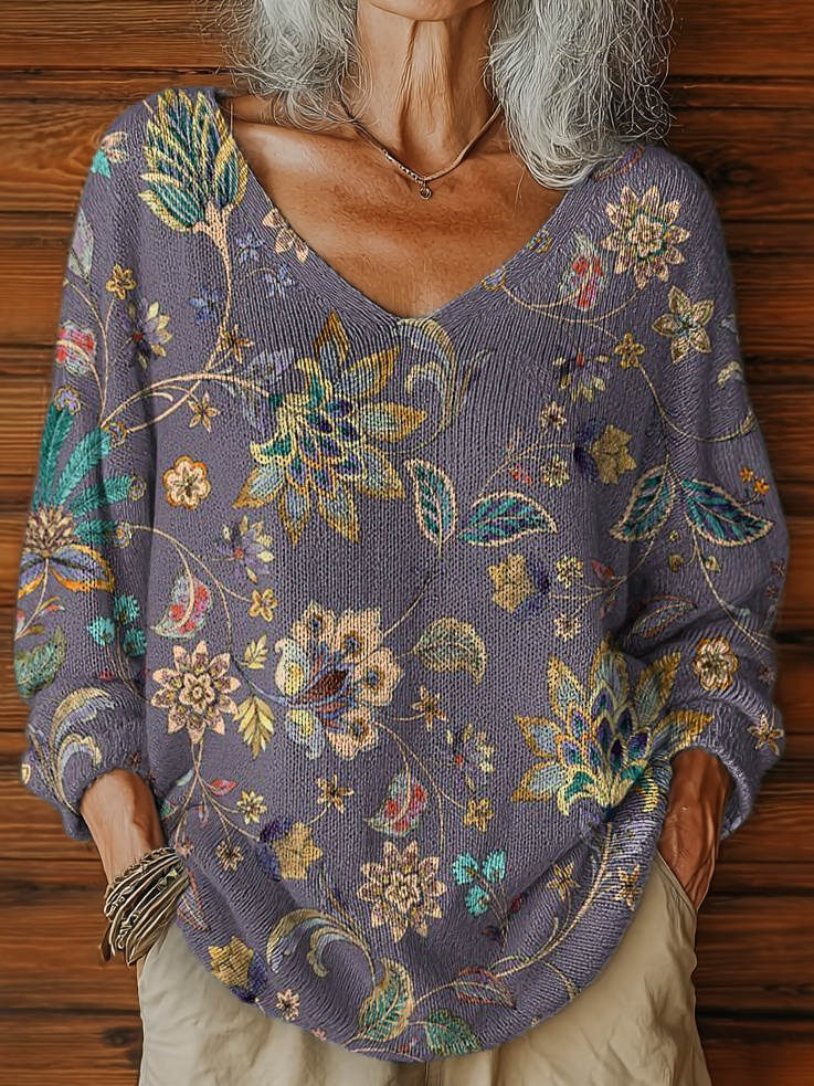 Women's Vintage Folk Art Floral Pattern Print Casual Pullover Sweater