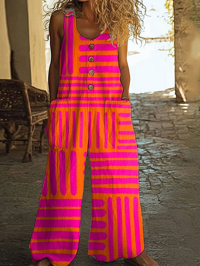 Women's Casual Retro Striped Print Jumpsuit