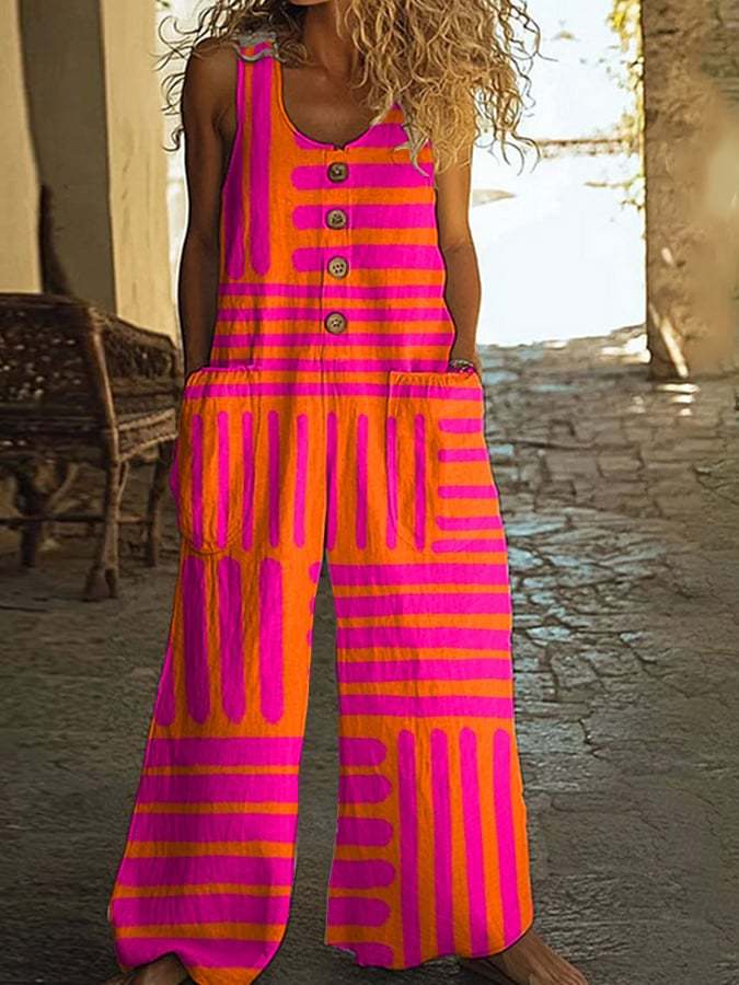 Women's Casual Retro Striped Print Jumpsuit