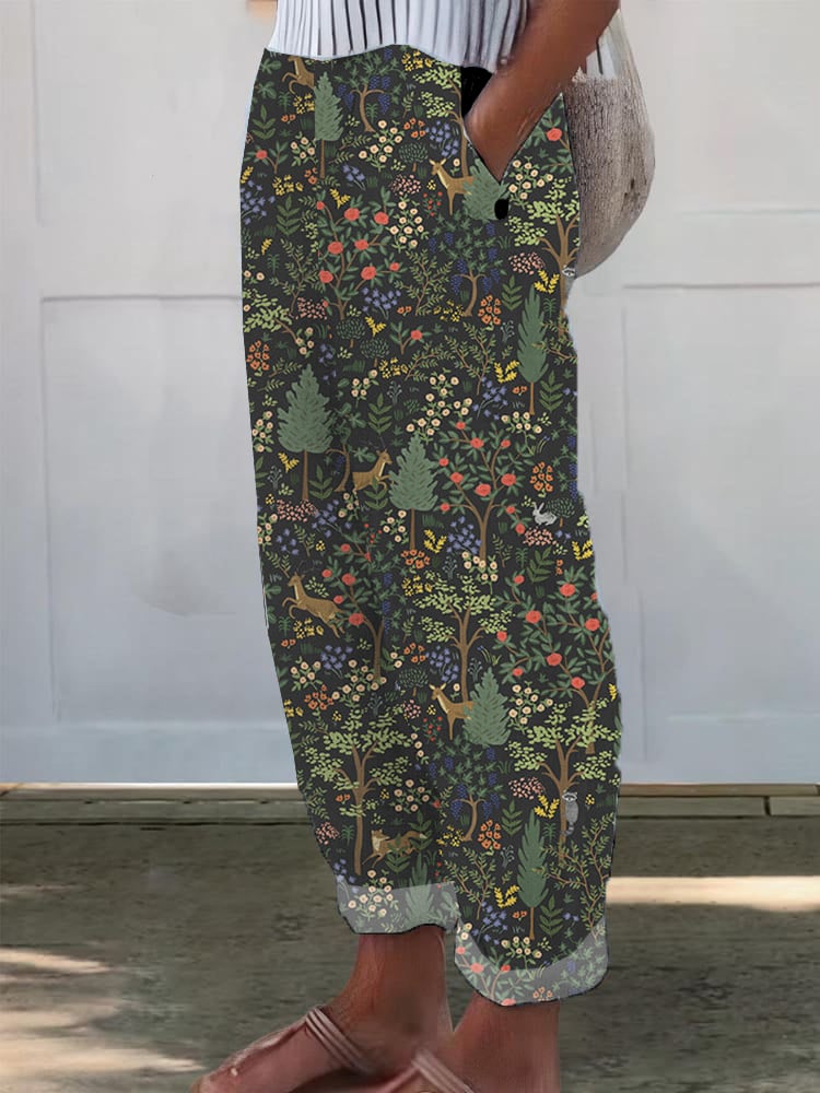 Women's Casual Forest Animals Plants And Flowers Cotton And Linen Pants