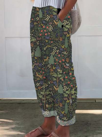 Women's Casual Forest Animals Plants And Flowers Cotton And Linen Pants