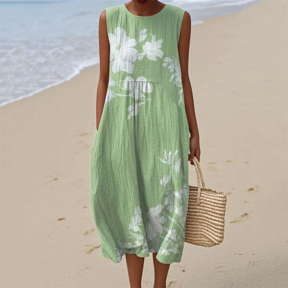 Women's Vintage Flower Art Print Sleeveless Cotton Pocket Wrap Dress