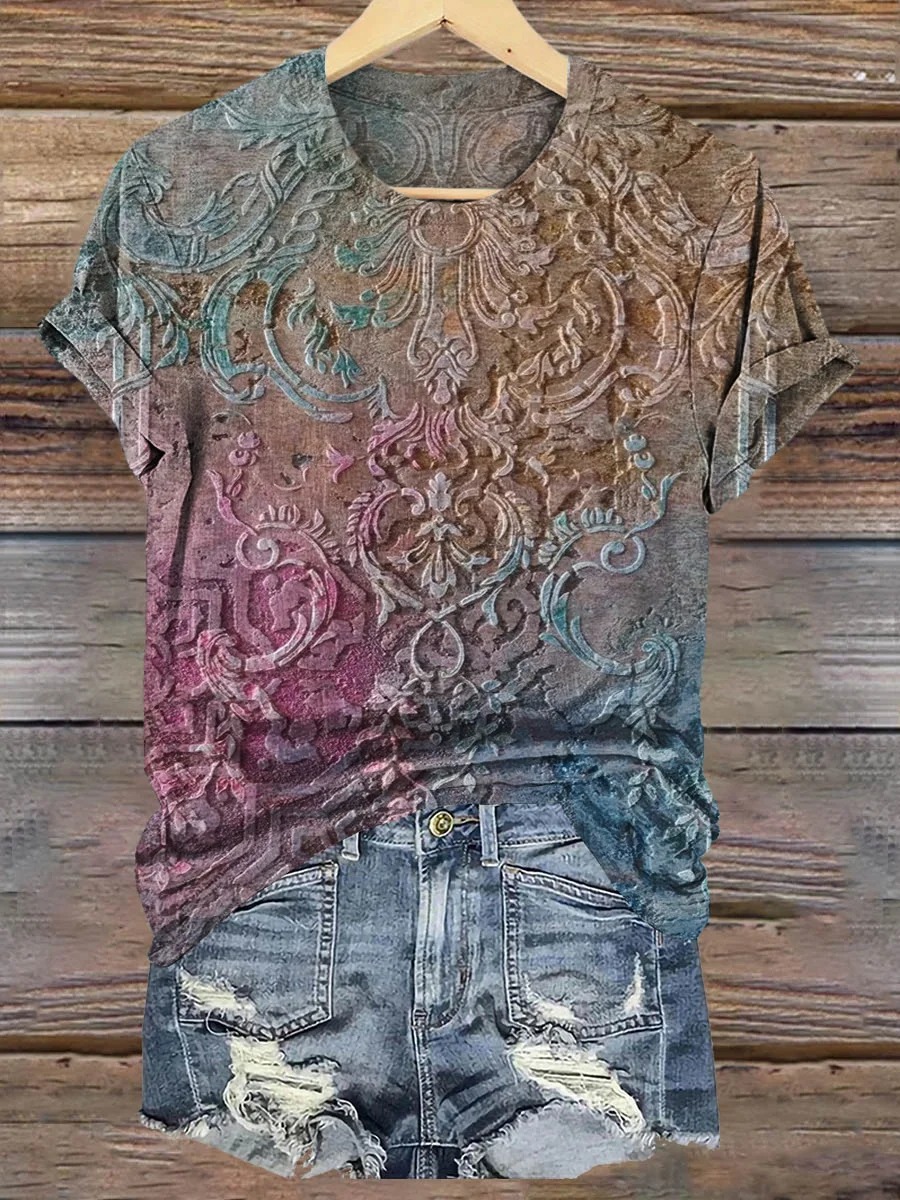 Women's Vintage Gradient Flower Pattern Print Long Sleeve Comfortable Cotton Shirt