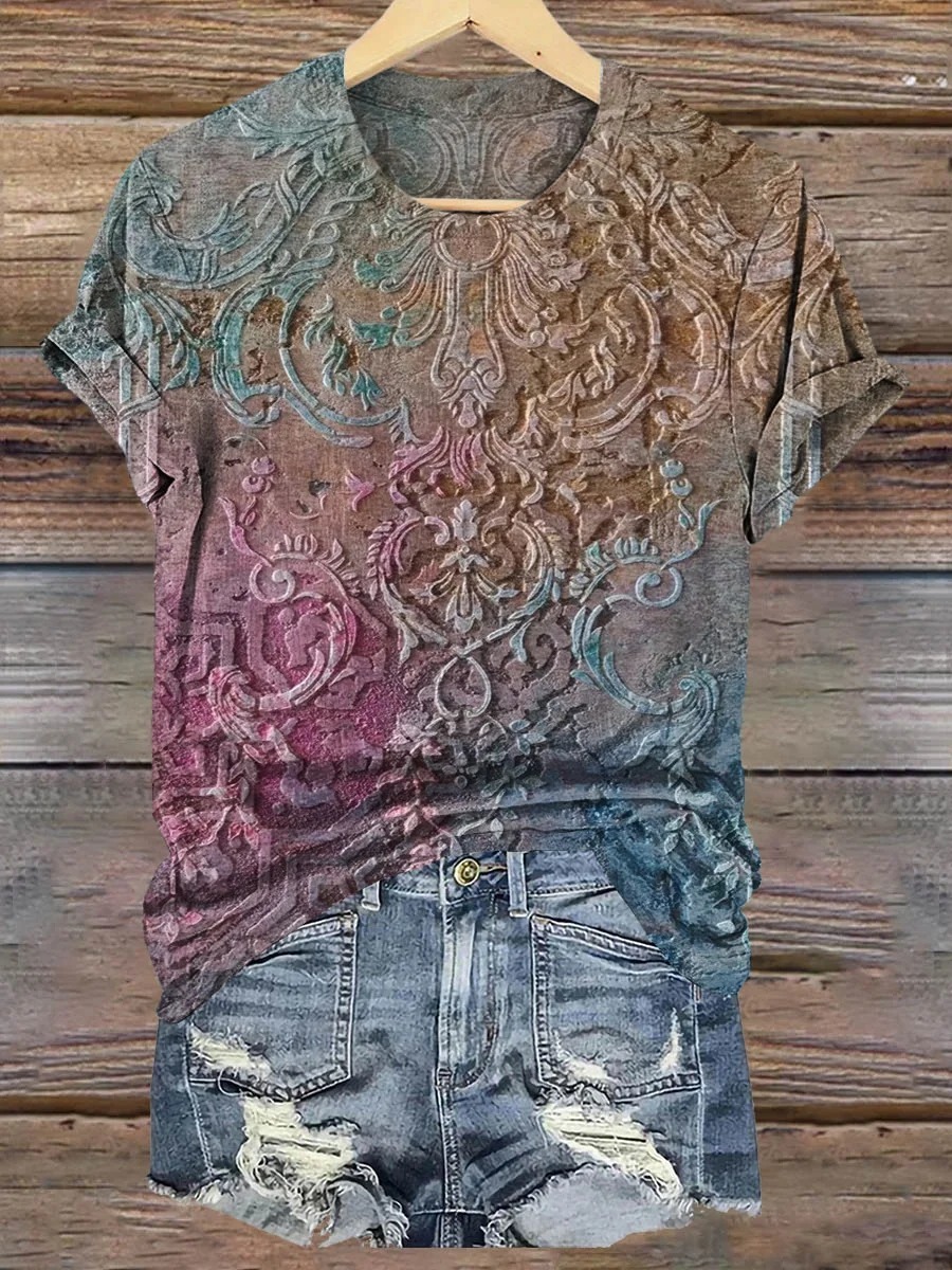 Women's Vintage Gradient Flower Pattern Print Long Sleeve Comfortable Cotton Shirt