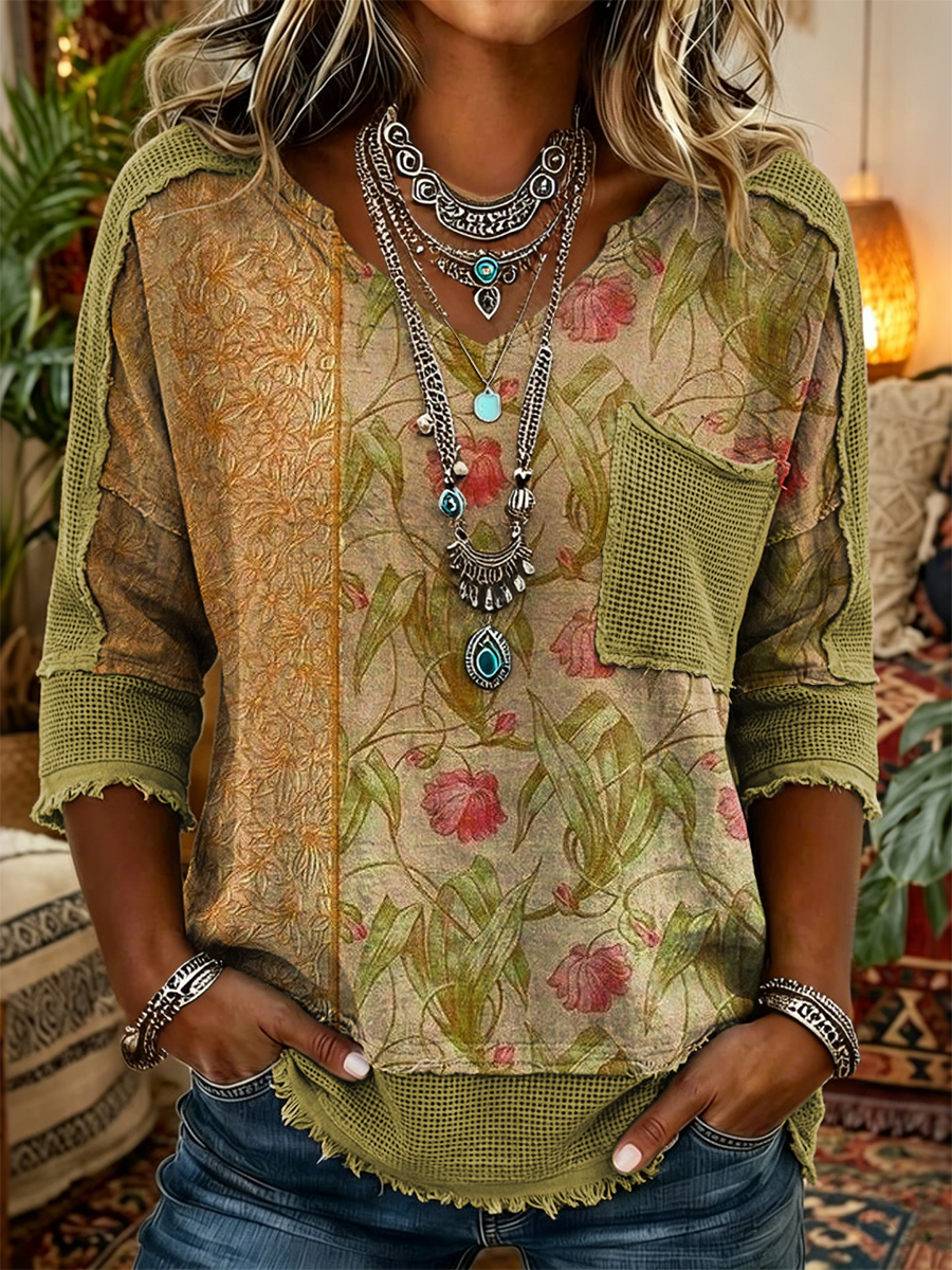 Women's Retro Ethnic Floral Art Print Casual Three-quarter Sleeve V-neck Patchwork Cotton Linen Shirt