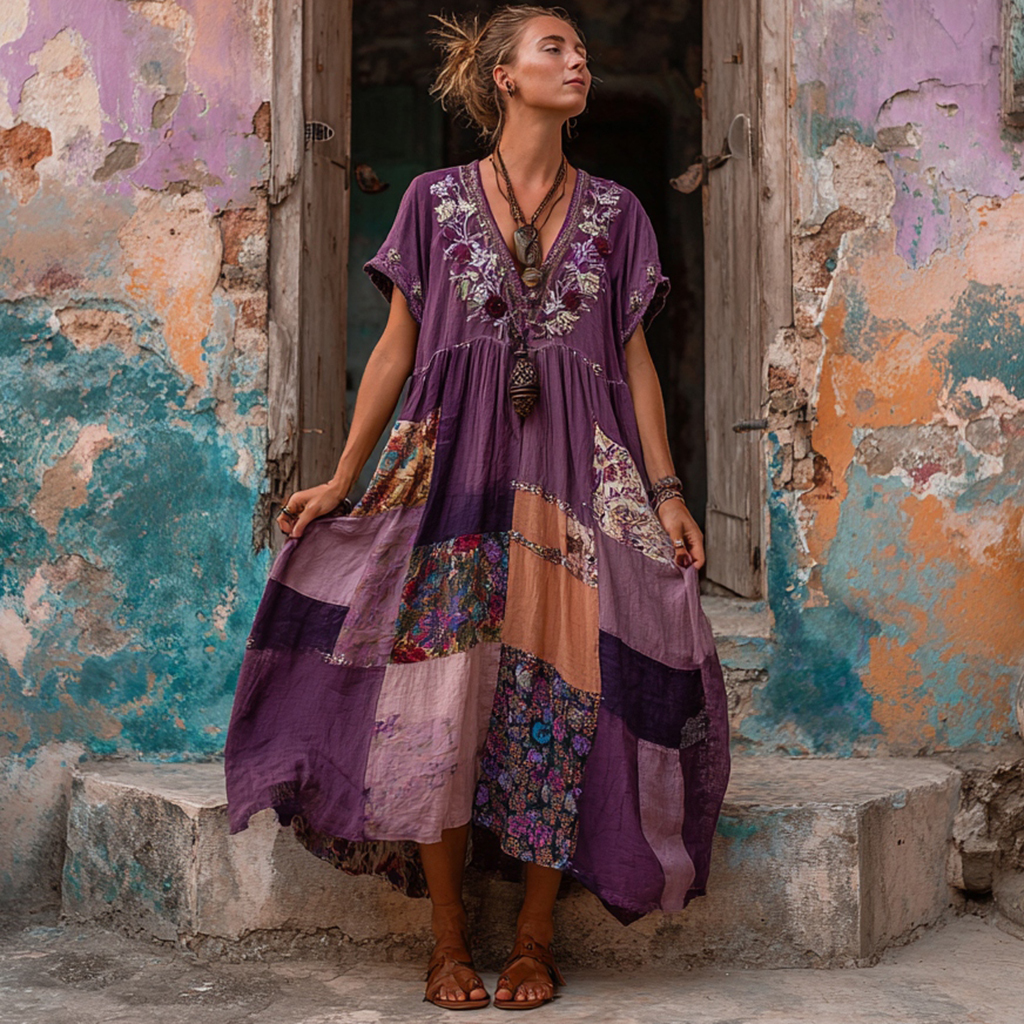 Women's Patchwork Floral Print V-neck Short-sleeved Bohemian Midi Dress