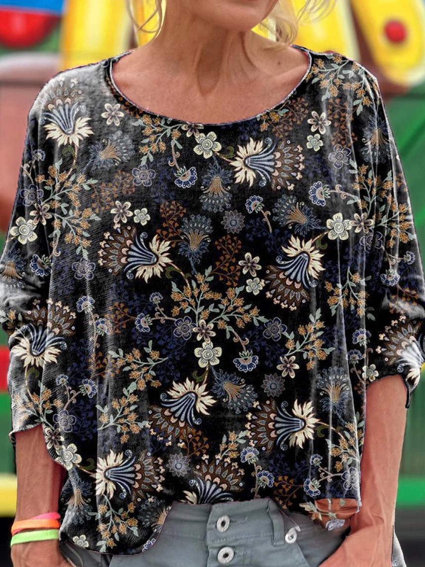 Women's Vintage Ethnic Floral Art Print Casual Long Sleeve T-shirt