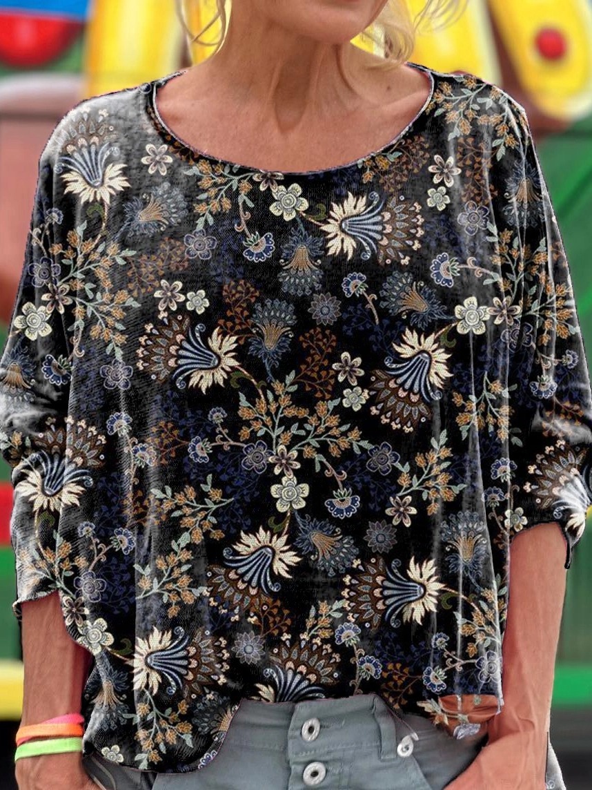 Women's Vintage Ethnic Floral Art Print Casual Long Sleeve T-shirt
