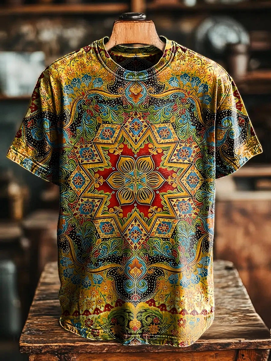 Vintage Ethnic Yellow Geometric Flower Art Print Casual T-shirt For Men And Women