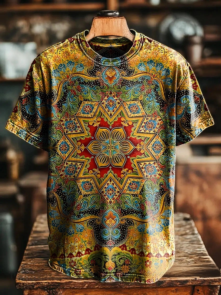 Vintage Ethnic Yellow Geometric Flower Art Print Casual T-shirt For Me