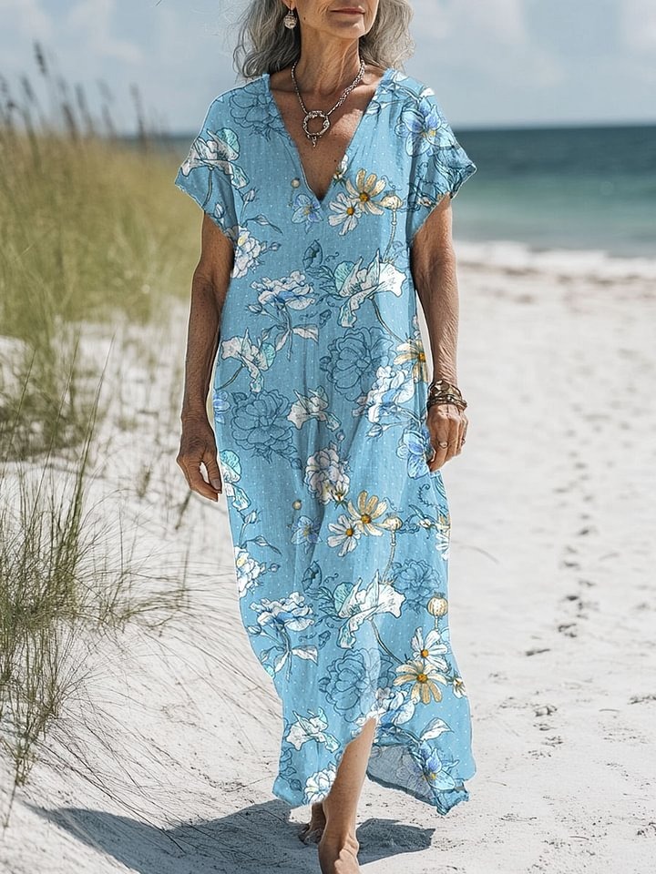 Women's Vintage Floral Art Print Casual Cotton And Linen 3/4 Sleeve Shirt