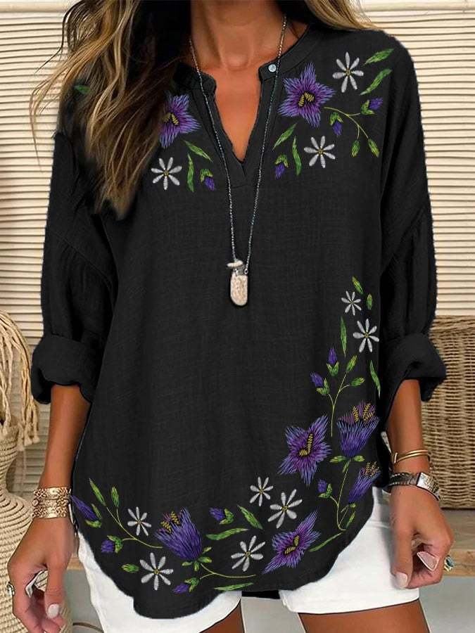 Women's Purple Floral Pansy Dementia Alzheimer's Disease Awareness Cotton and Linen Shirt