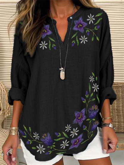 Women's Purple Floral Pansy Dementia Alzheimer's Disease Awareness Cotton and Linen Shirt