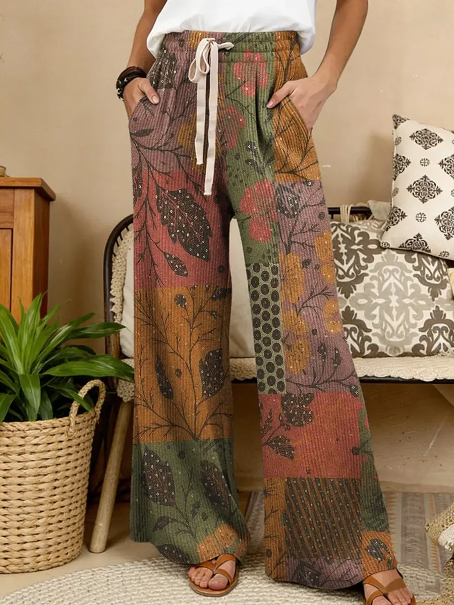 Women's Retro Ethnic Floral Collage Art Print Comfortable Drawstring Knit Trousers