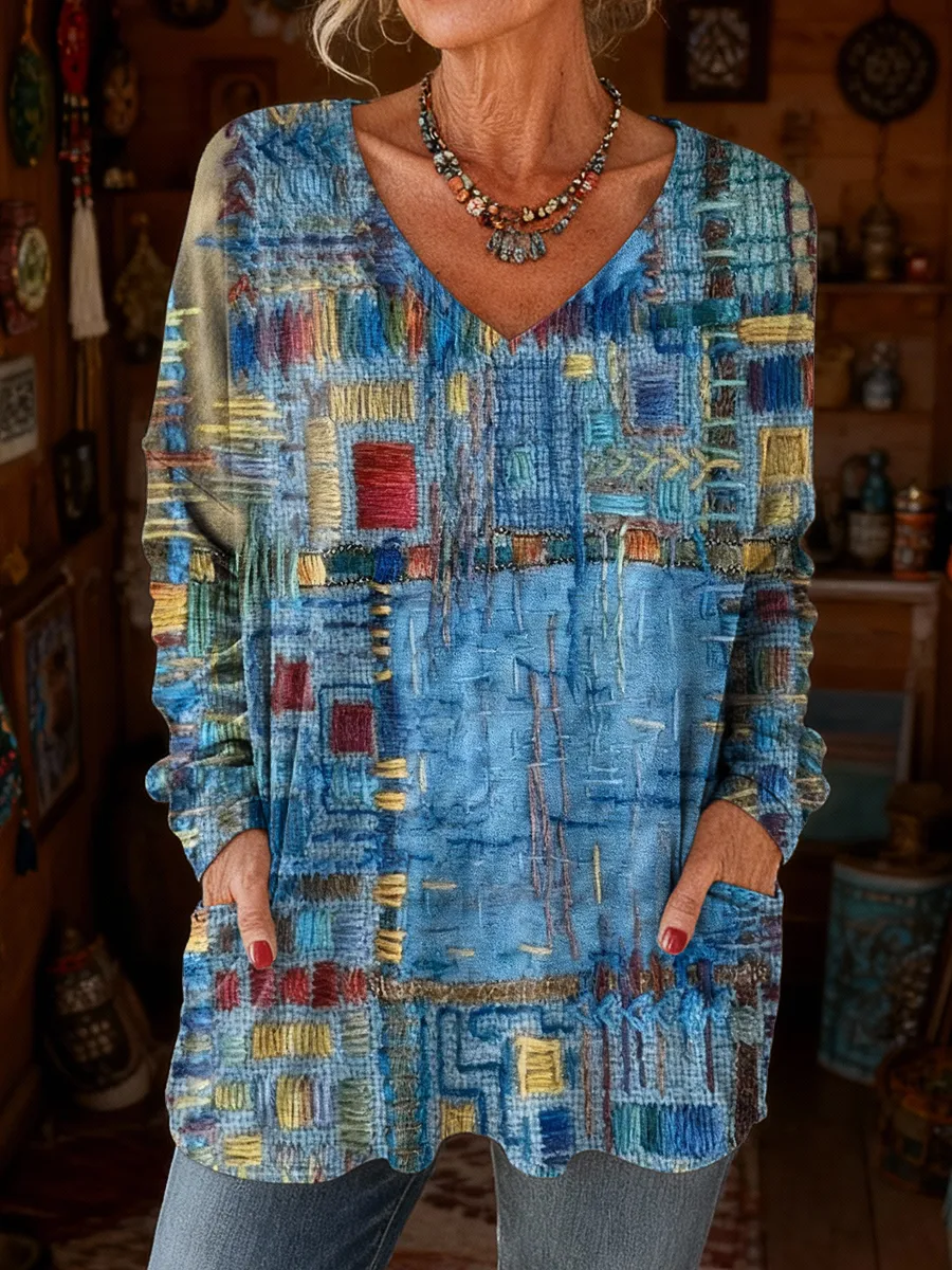 Women's Retro Colorful Art Print Casual Long Sleeve V-Neck T-Shirt