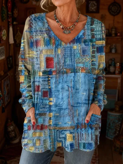 Women's Retro Colorful Art Print Casual Long Sleeve V-Neck T-Shirt