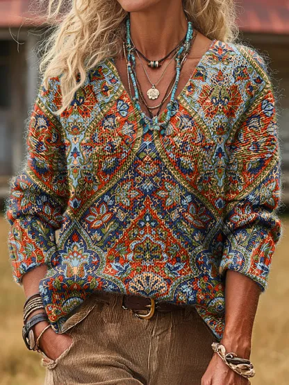 Unisex Retro Ethnic Totem Art Print Casual Long-sleeved V-neck Wool Blend Knitted Sweater