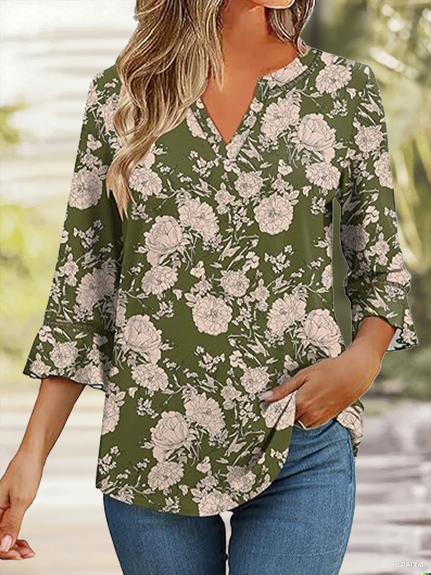 Women's Vintage Floral Casual V-Neck Cotton and Linen Shirt