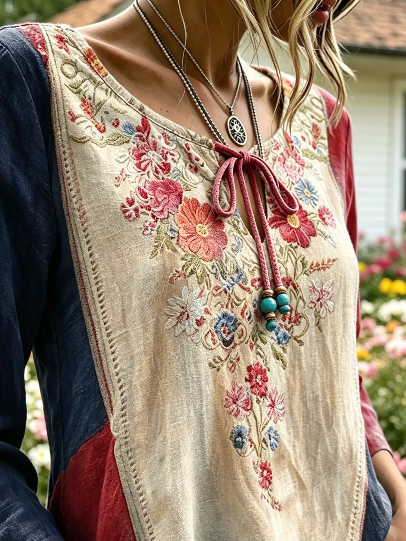 Women's Vintage Boho Floral Print Tie V-Neck Top