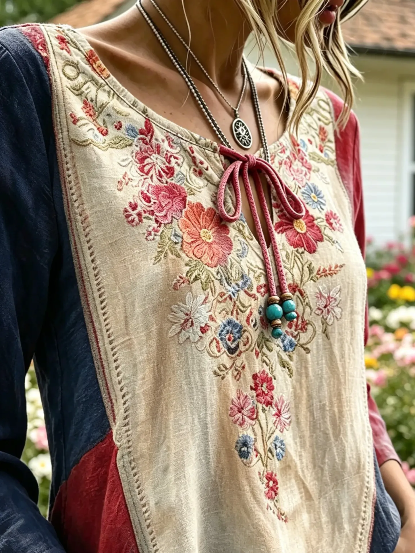 Women's Vintage Boho Floral Print Tie V-Neck Top