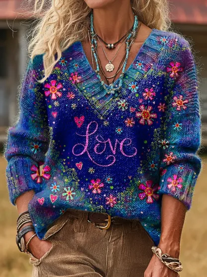 Women's Heart-shaped Flowers Art Print Comfortable V-neck Knit Sweater