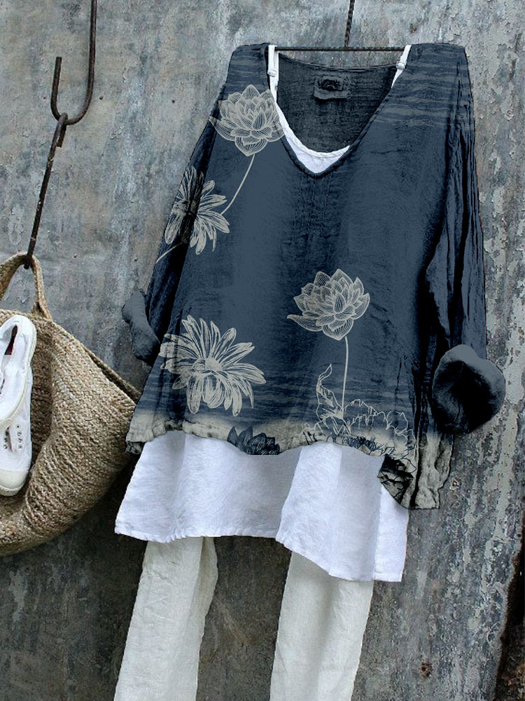 Vintage Lotus Flower Pattern Linen Blend Cozy Tunic