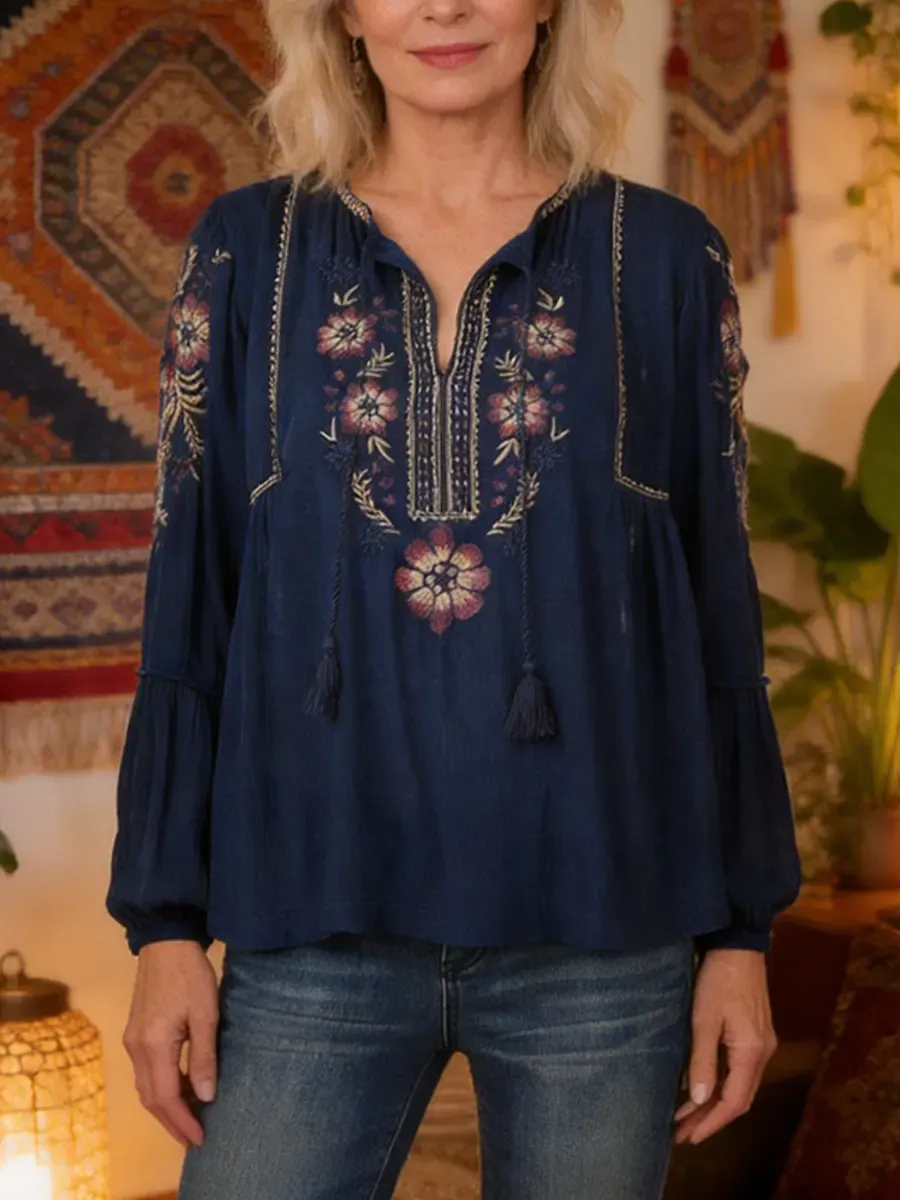 Women's Gradient Floral Art Print Cotton-linen Blend Bell-sleeve Shirt