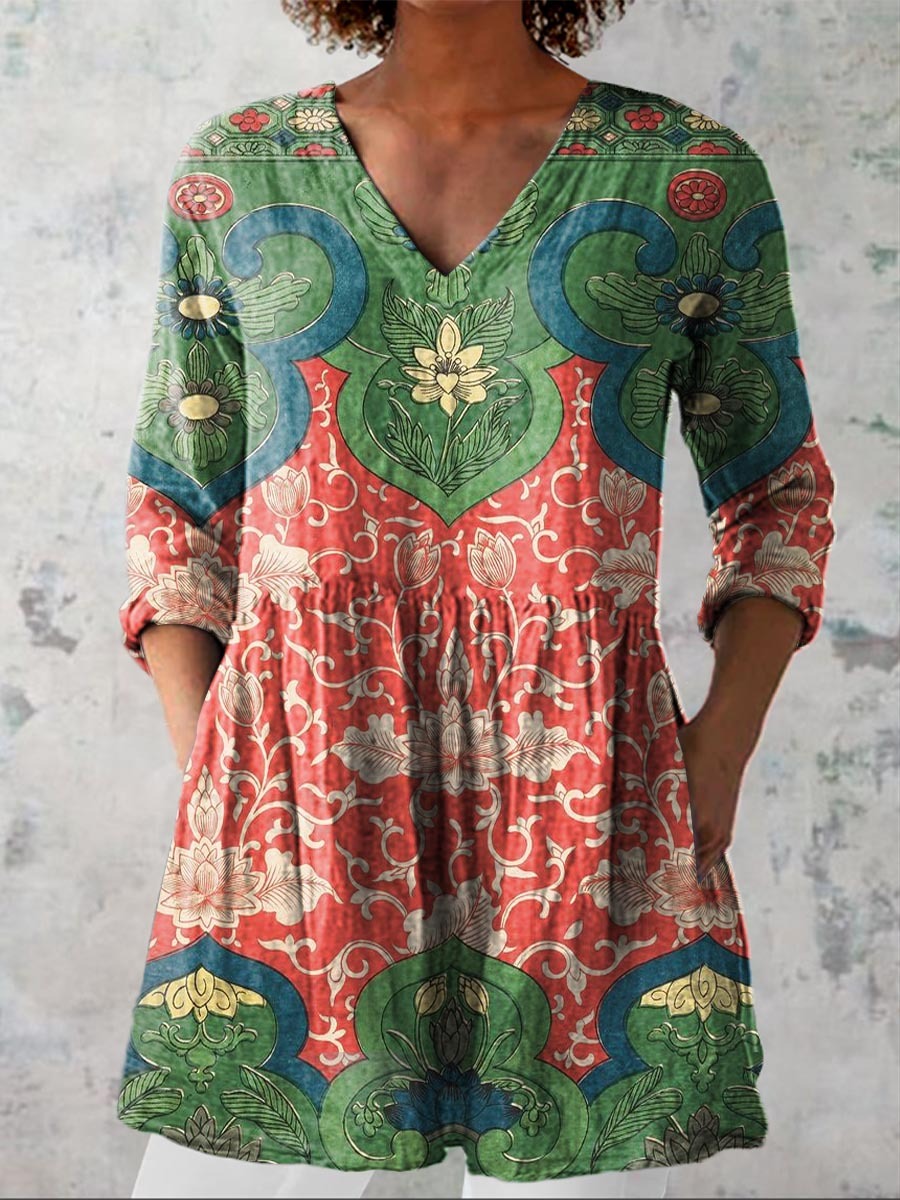 Women's Vintage Lovely Floral Art Print Casual Linen V-neck Shirt