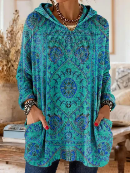 Women's Retro Ethnic Totem Art Print Casual Knitted Pocket Hooded Tunic Top
