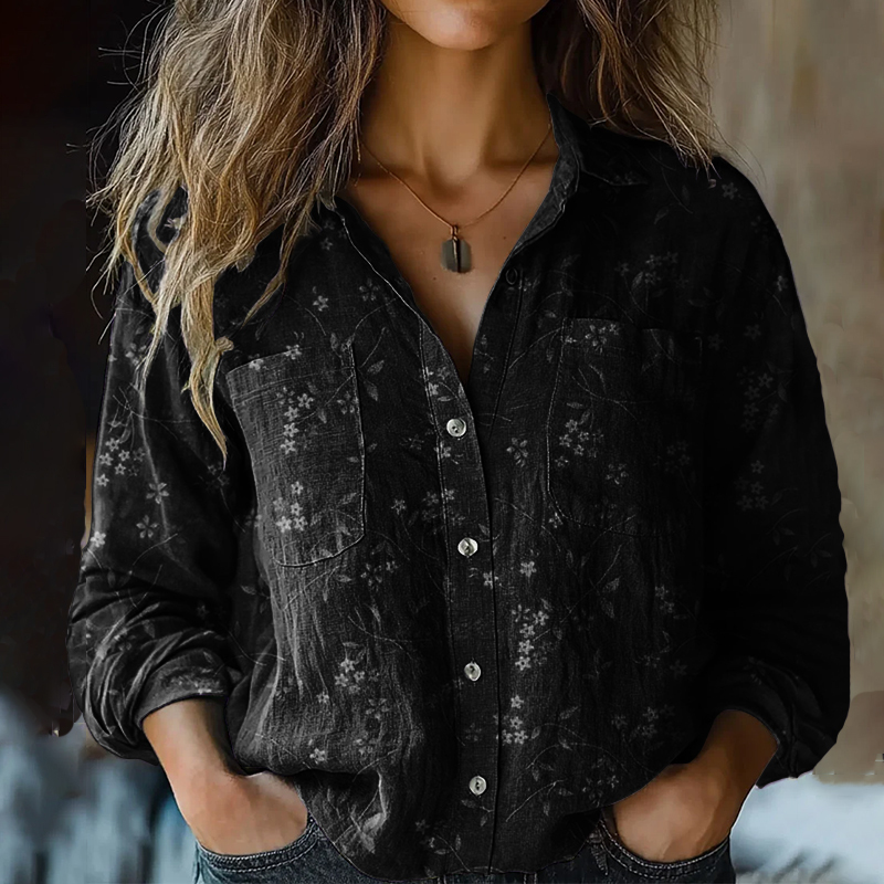 Bohemian Style Floral Linen Print  Long Sleeve Shirt