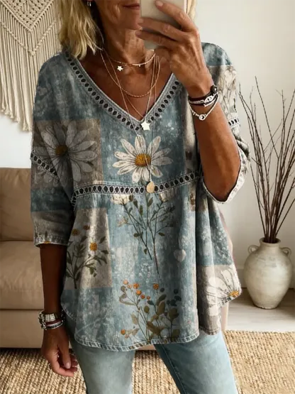Ethnicity Bohemian Style Flowers Women's Vintage Art Print Casual V Neck Cutout Top