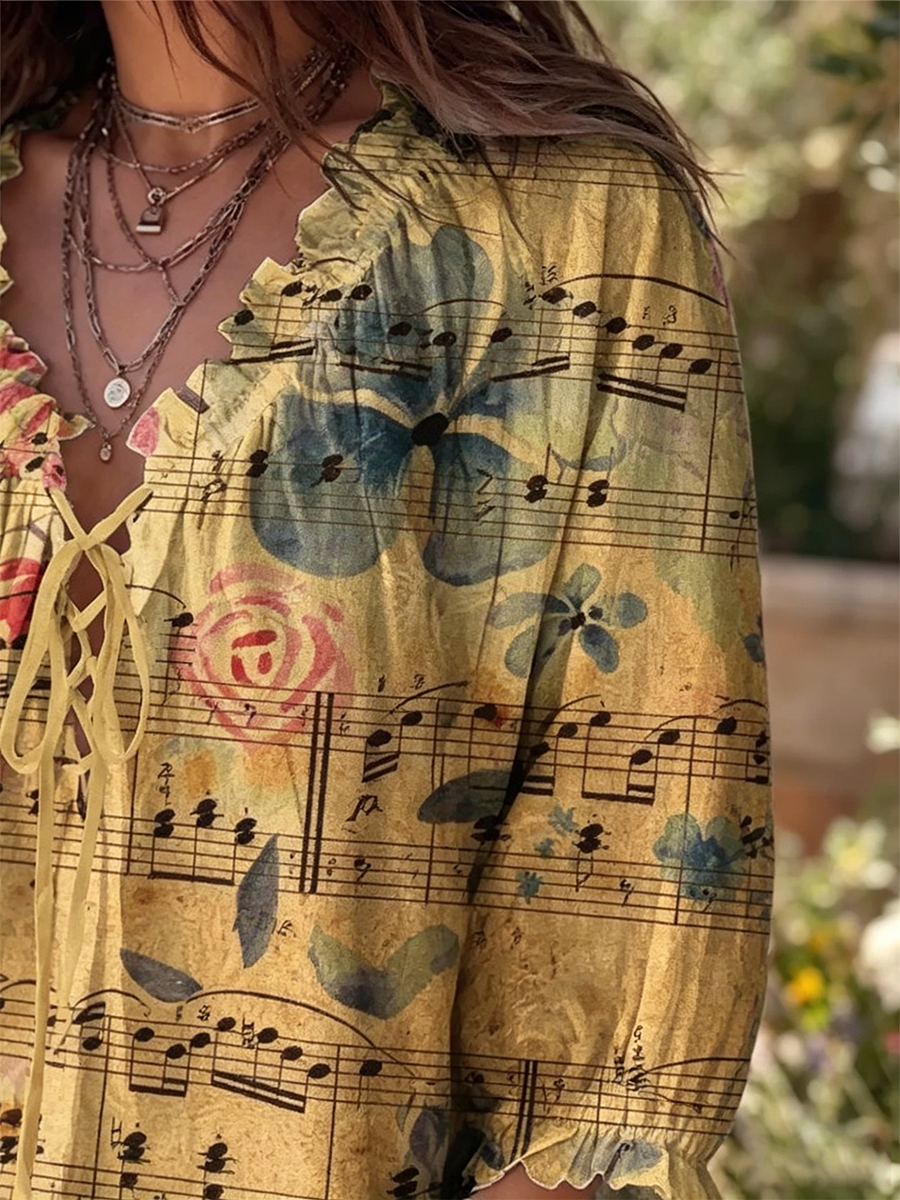 Ethnicity Bohemia Flowers Musical Notes Women's Art Print Casual Three-quarter Sleeve Ruffle Drawstring Shirt