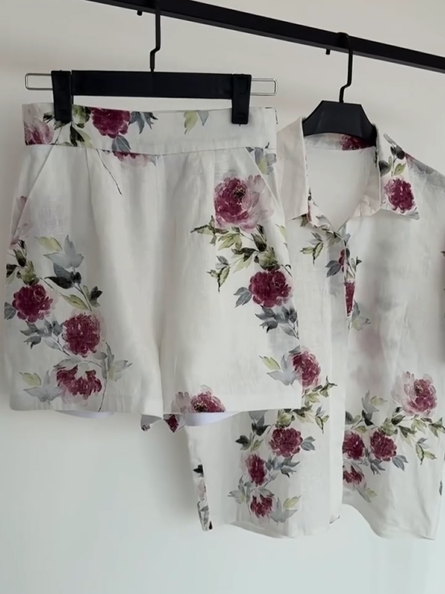 Women's Floral Print Cotton and Linen Shirt and Shorts Set