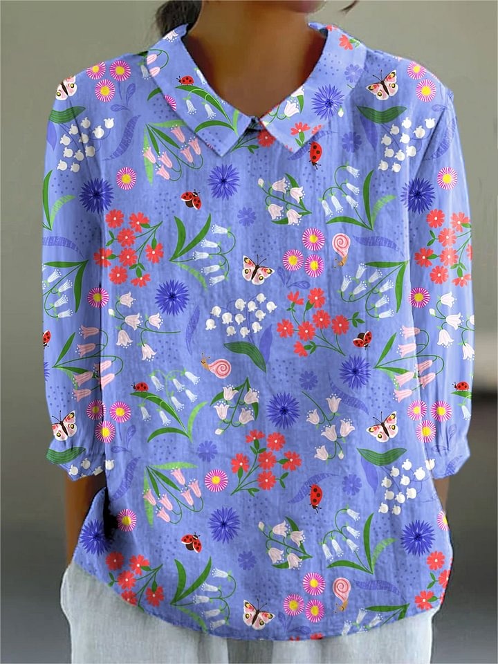 Women's Vintage Flower Art Print Casual Linen V-neck Shirt