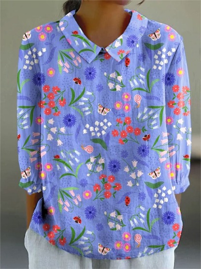 Women's Vintage Flower Art Print Casual Linen V-neck Shirt