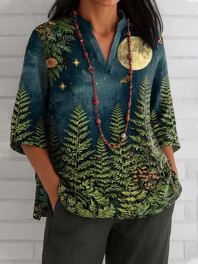 Women's Green Floral Print Button-Down Shirt