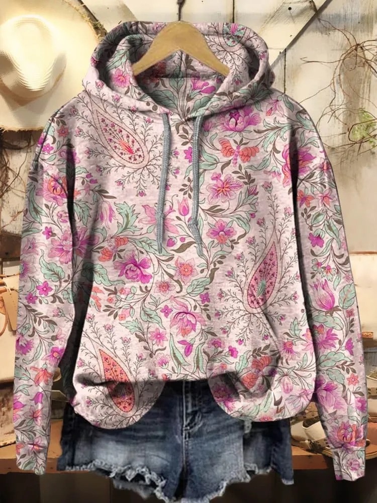 Retro Paisley Floral Print Casual Hoodie Sweatshirt