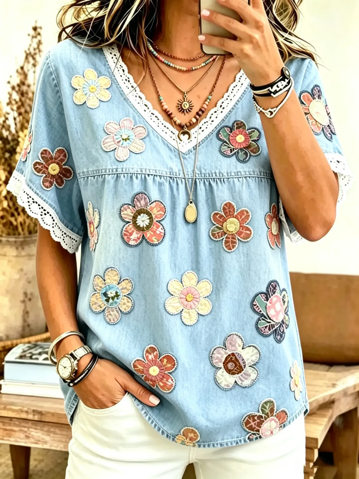 Women's Floral Patchwork Print Cotton Lace Trim V-Neck Blouse