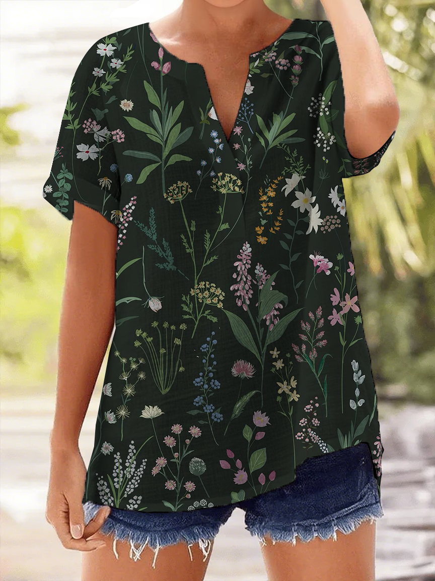 Women's Vintage Floral Casual V-Neck Cotton and Linen Shirt