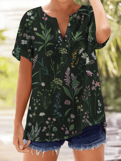 Women's Vintage Floral Casual V-Neck Cotton and Linen Shirt