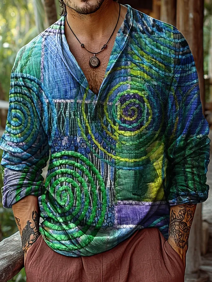 Men's Retro Colorful Art Print Casual Long-sleeve Cotton Linen Shirt